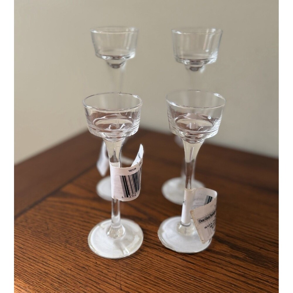 Luminescence Clear Glass Tealight Candle Holders Tall Pedestal Stem Set of 4